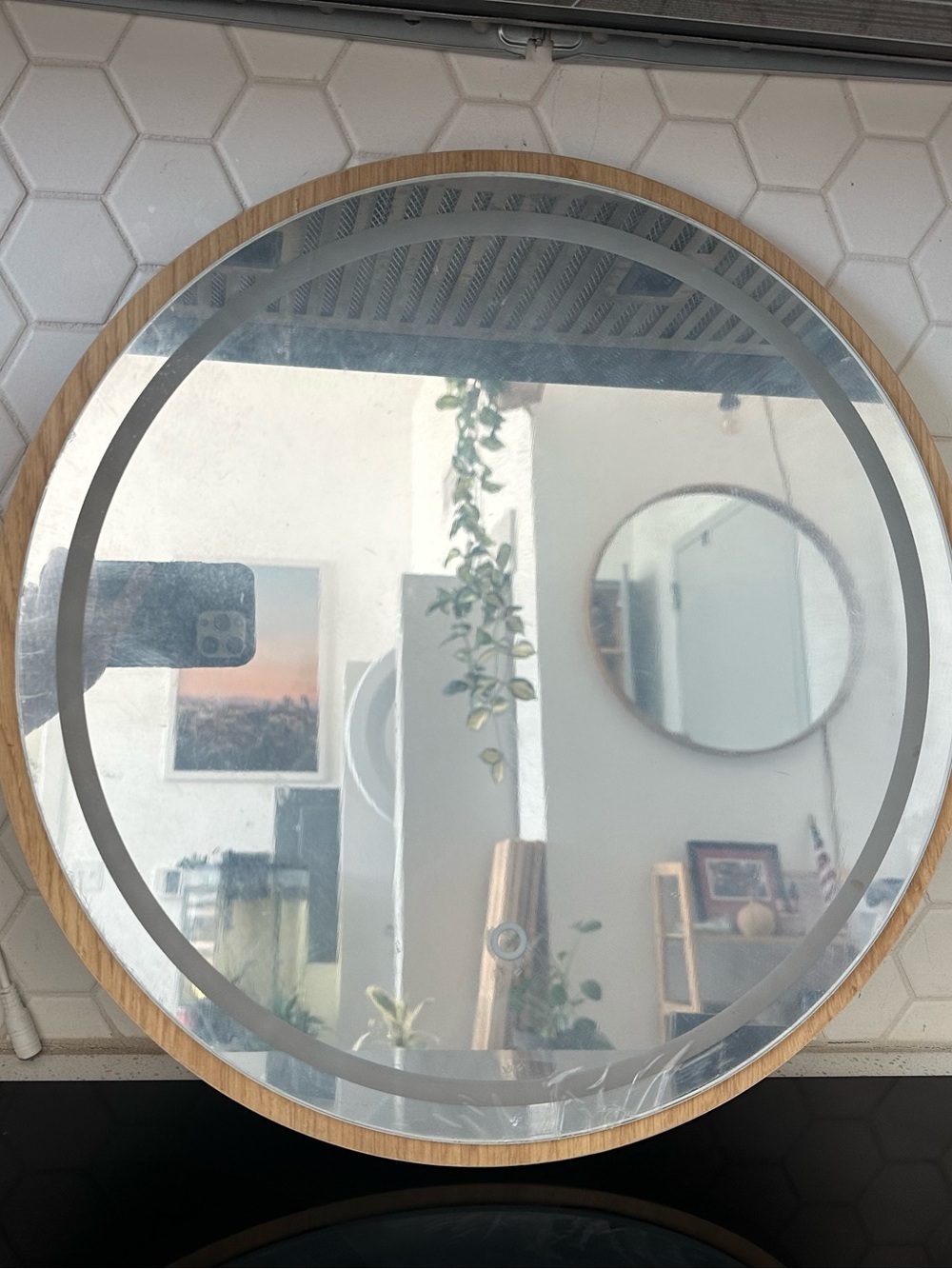 Round Wood-Trim Wall Mirror in Natural Wood